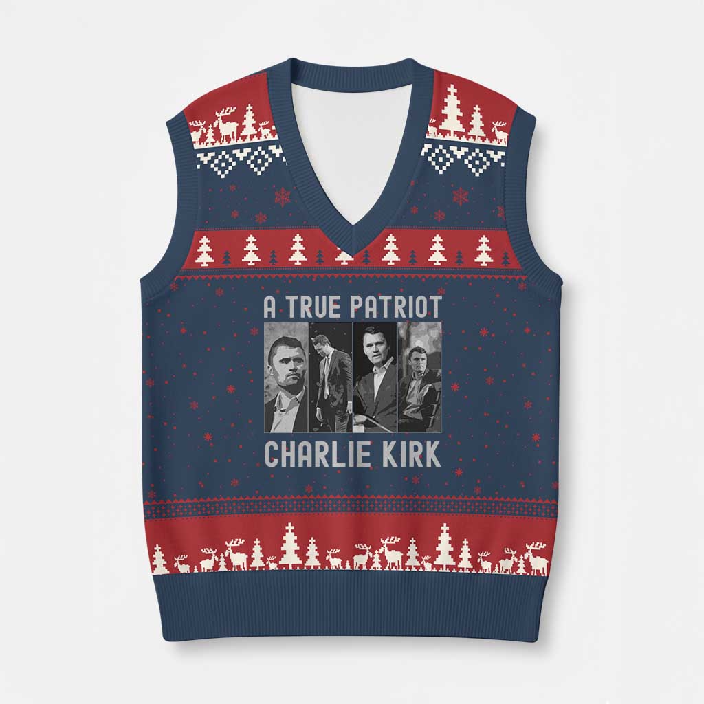 Charlie Kirk Tribute V-Neck Knit Sweater Vest A True Patriot Conservative Memorial - Wonder Print Shop