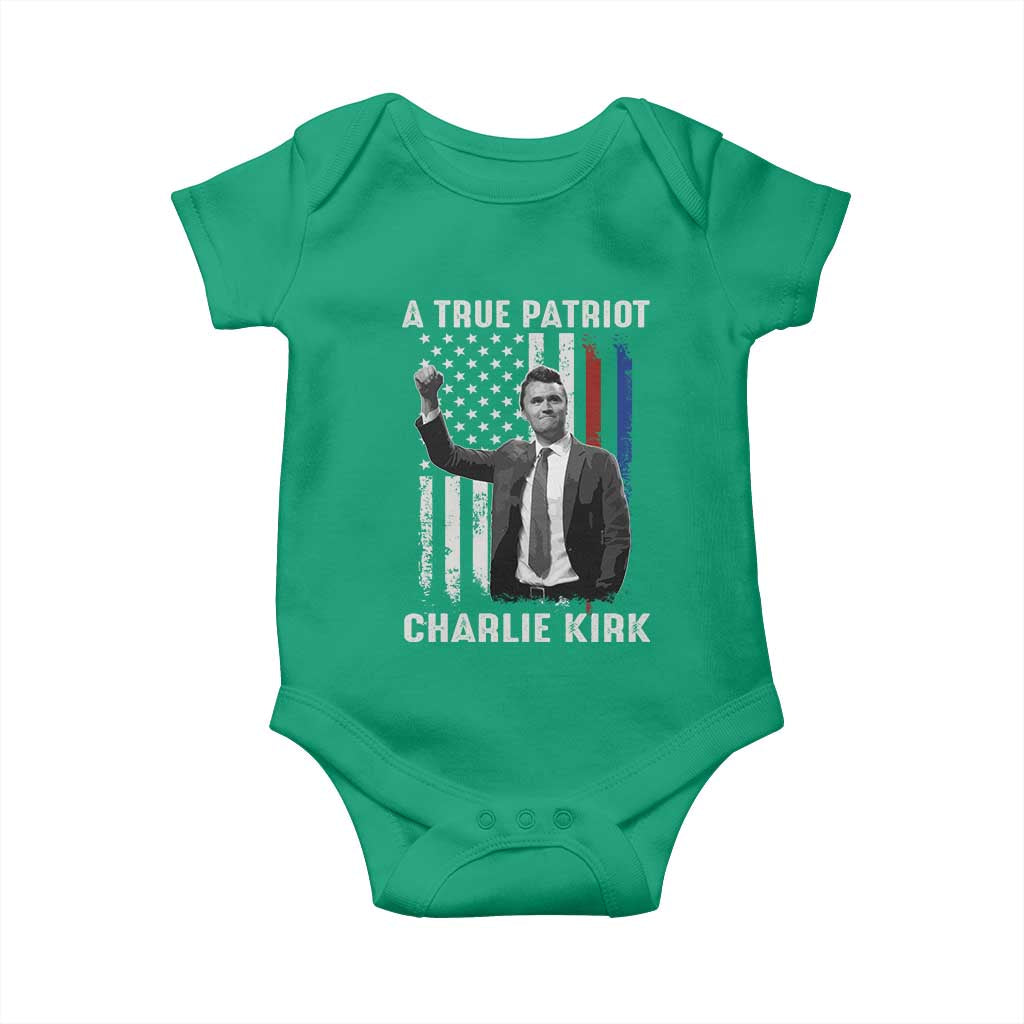 Charlie Kirk Tribute Baby Onesie A True Patriot Freedom American Flag - Wonder Print Shop