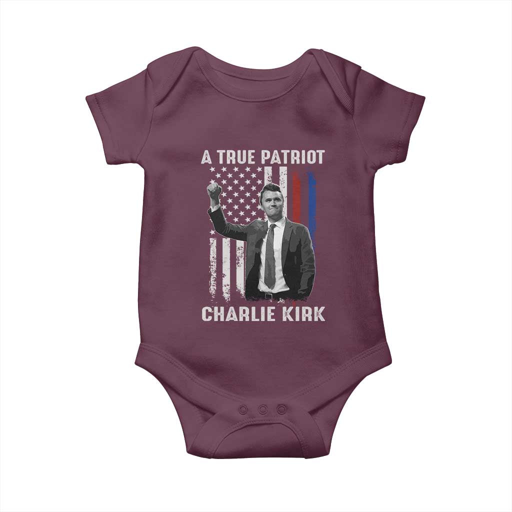 Charlie Kirk Tribute Baby Onesie A True Patriot Freedom American Flag - Wonder Print Shop