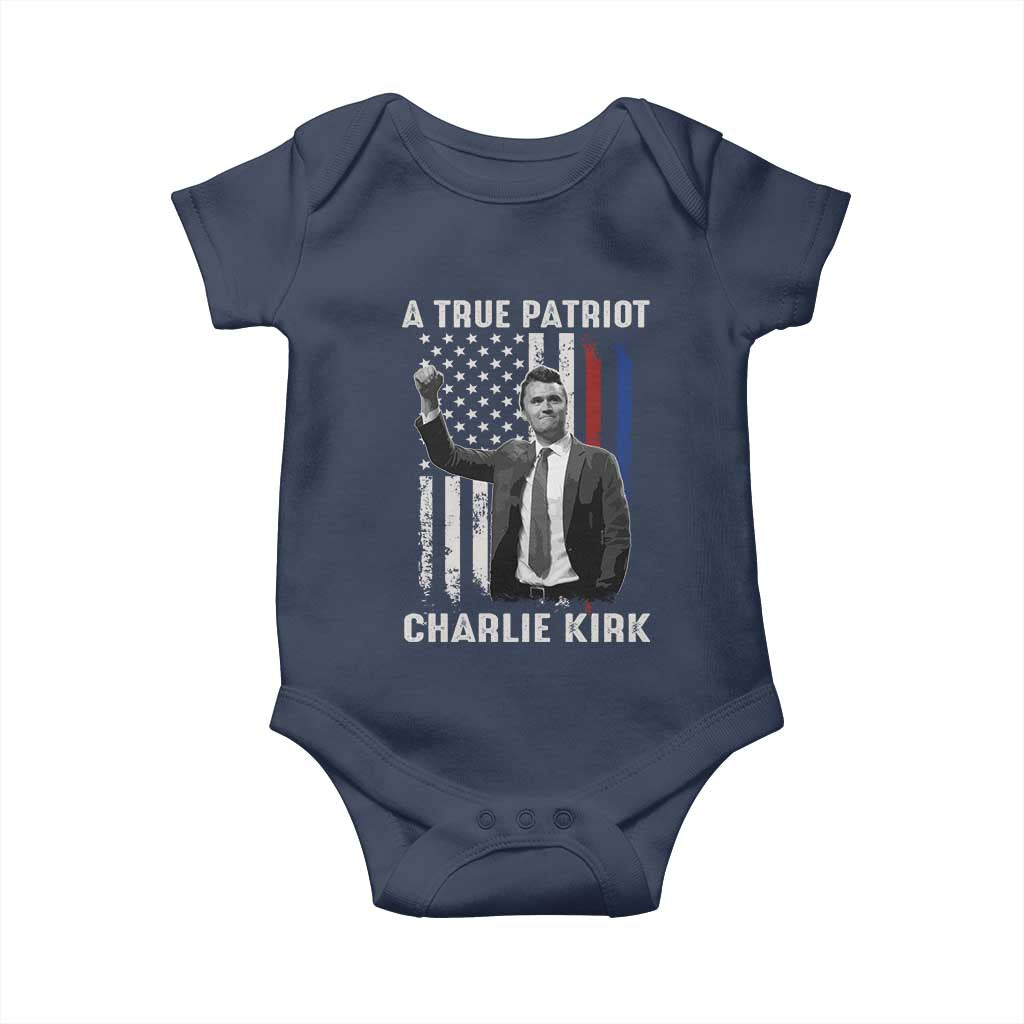 Charlie Kirk Tribute Baby Onesie A True Patriot Freedom American Flag - Wonder Print Shop