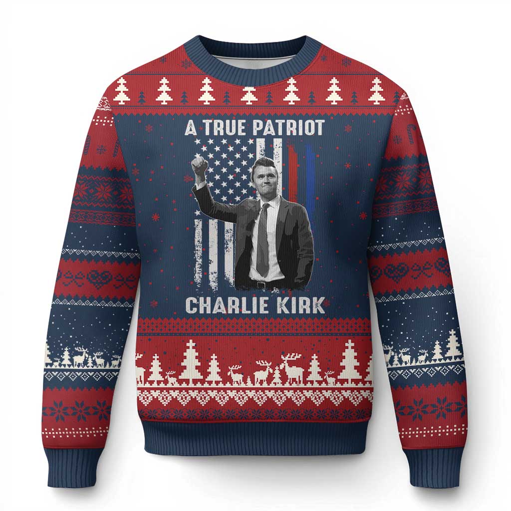 Charlie Kirk Tribute Ugly Christmas Sweater A True Patriot Freedom American Flag - Wonder Print Shop