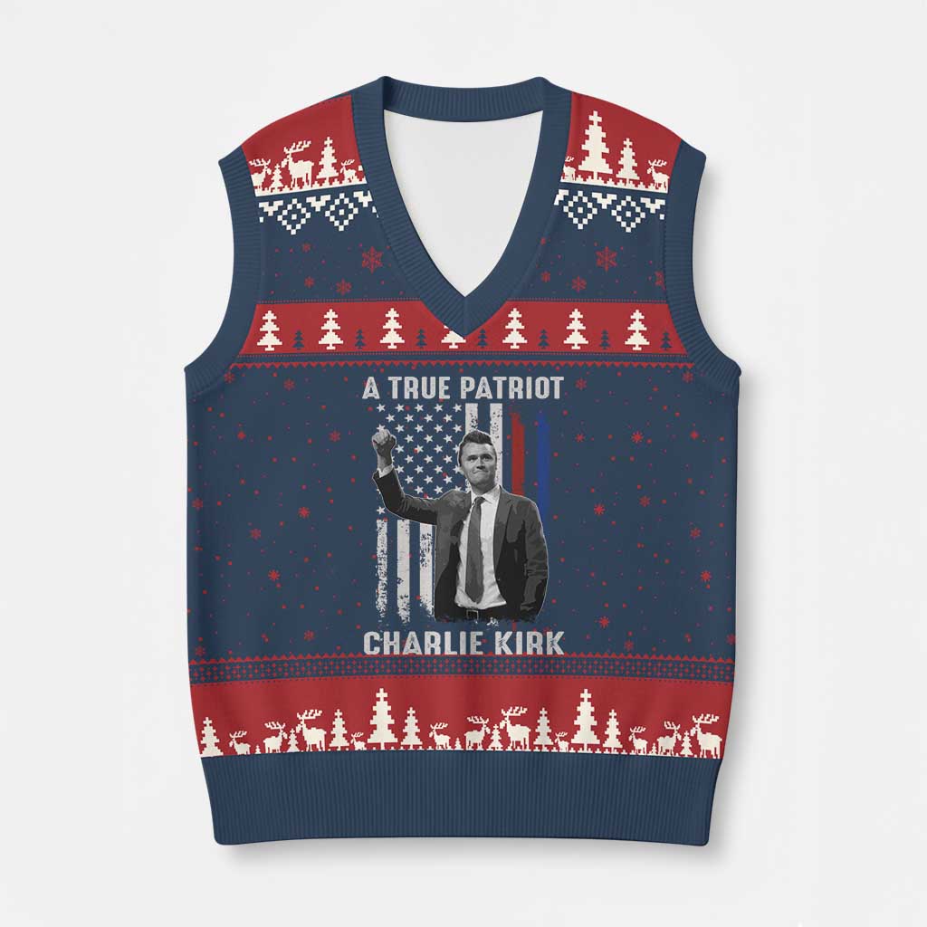 Charlie Kirk Tribute V-Neck Knit Sweater Vest A True Patriot Freedom American Flag - Wonder Print Shop