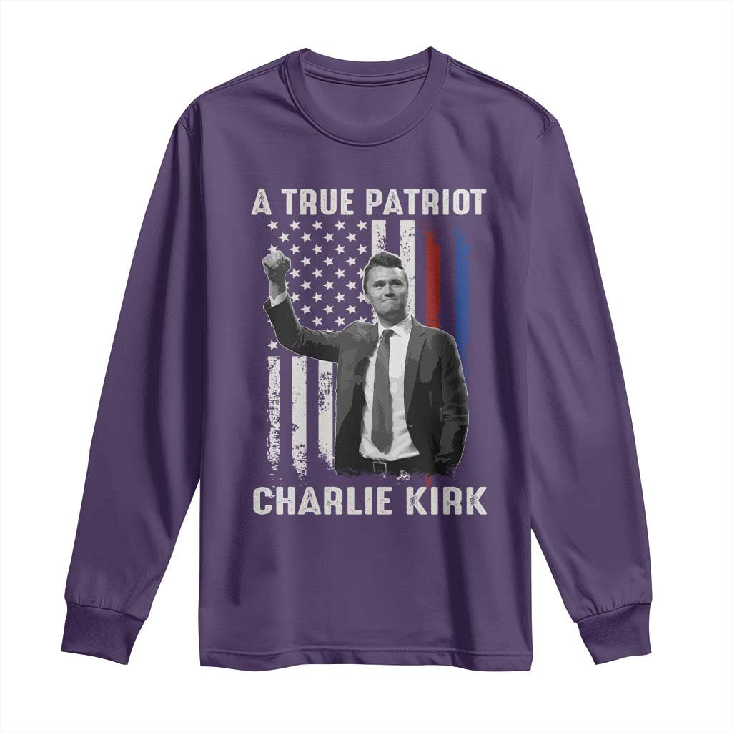 Charlie Kirk Tribute Long Sleeve Shirt A True Patriot Freedom American Flag - Wonder Print Shop