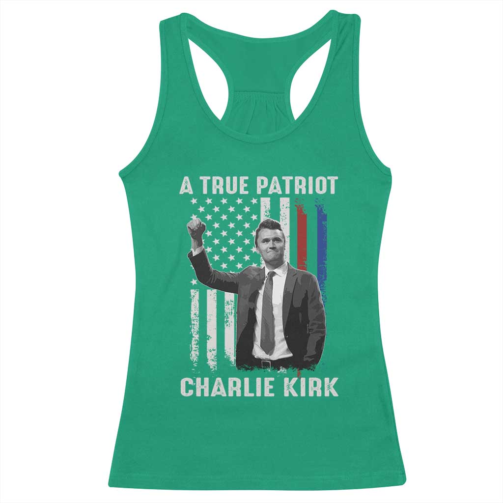 Charlie Kirk Tribute Racerback Tank Top A True Patriot Freedom American Flag - Wonder Print Shop