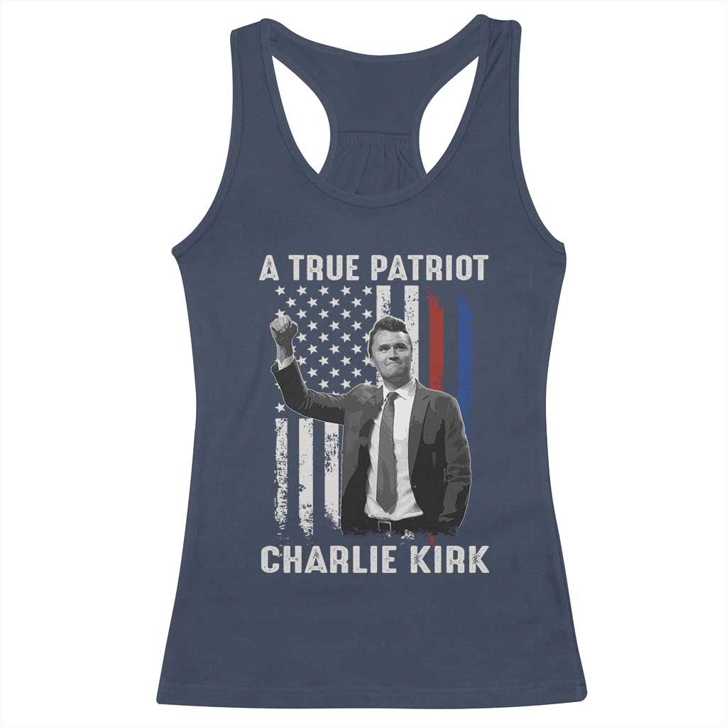 Charlie Kirk Tribute Racerback Tank Top A True Patriot Freedom American Flag - Wonder Print Shop