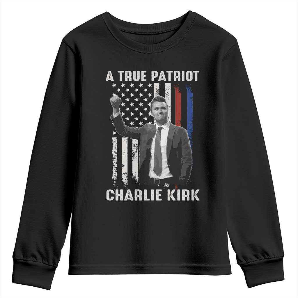 Charlie Kirk Tribute Youth Sweatshirt A True Patriot Freedom American Flag - Wonder Print Shop