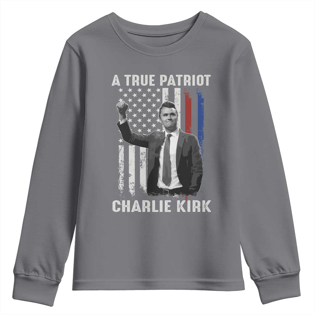 Charlie Kirk Tribute Youth Sweatshirt A True Patriot Freedom American Flag - Wonder Print Shop