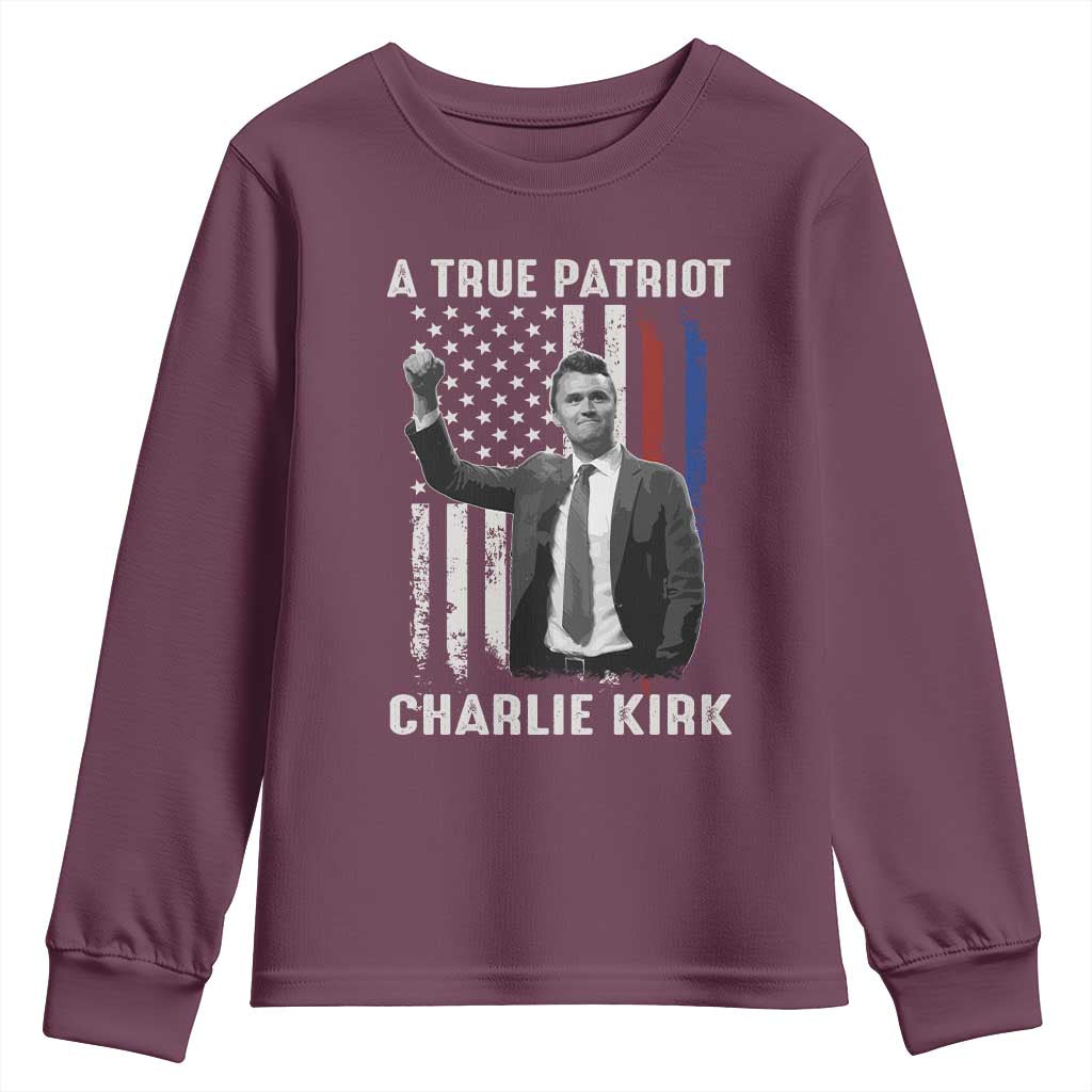 Charlie Kirk Tribute Youth Sweatshirt A True Patriot Freedom American Flag - Wonder Print Shop