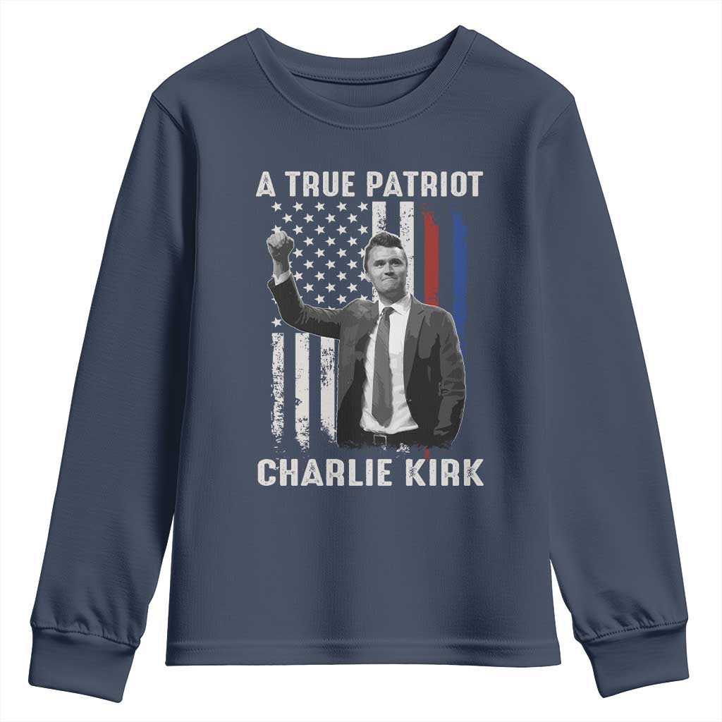 Charlie Kirk Tribute Youth Sweatshirt A True Patriot Freedom American Flag - Wonder Print Shop
