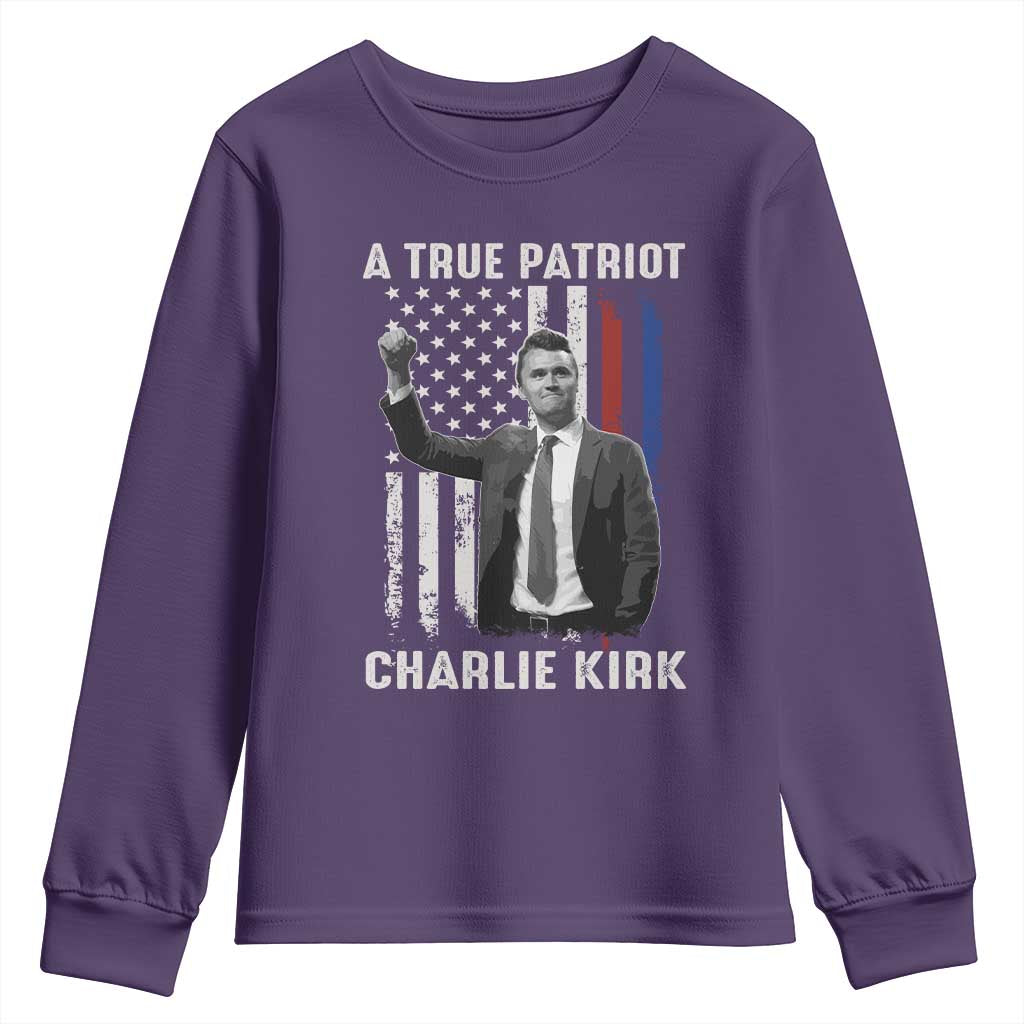 Charlie Kirk Tribute Youth Sweatshirt A True Patriot Freedom American Flag - Wonder Print Shop