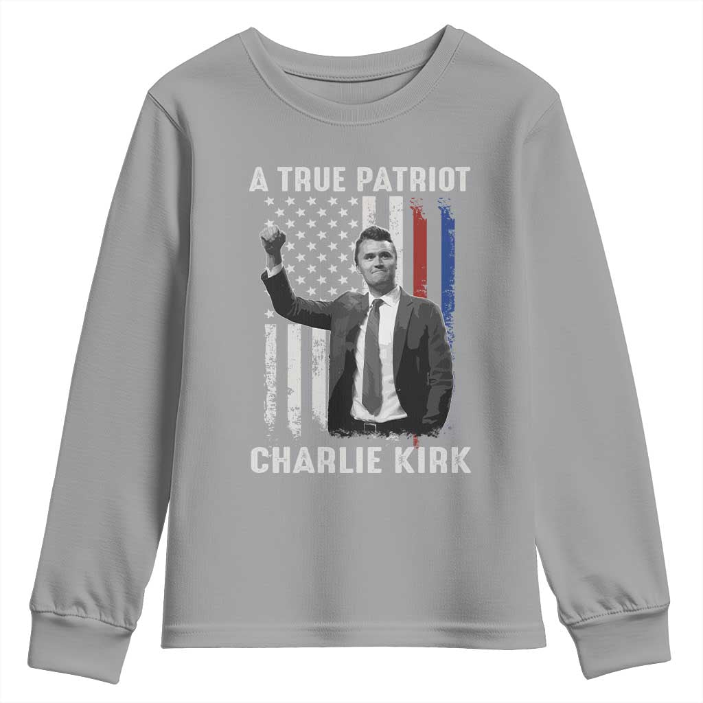 Charlie Kirk Tribute Youth Sweatshirt A True Patriot Freedom American Flag - Wonder Print Shop