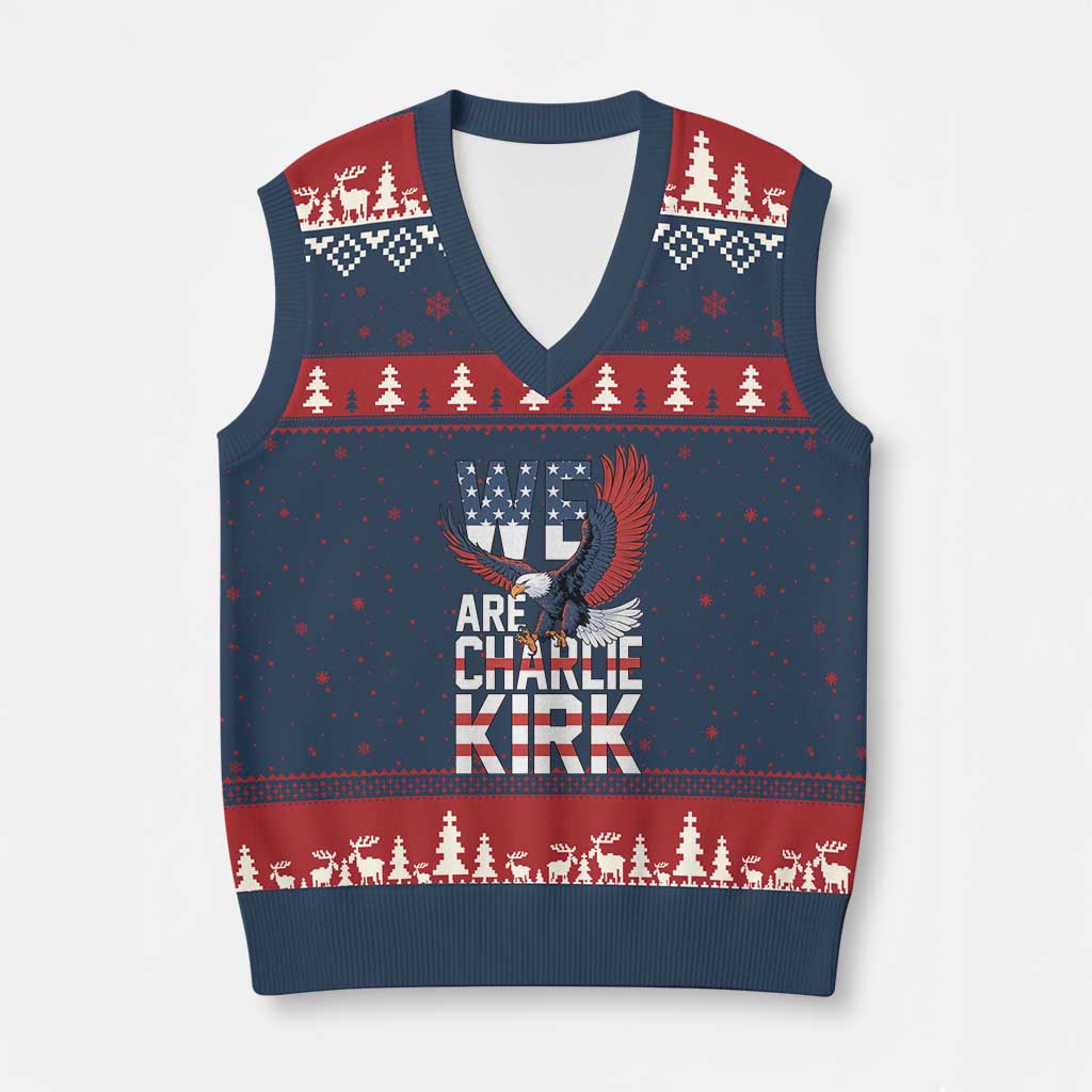 We Are Charlie Kirk Patriotic V-Neck Knit Sweater Vest United We Stand Strong and Honor American Eagle Graphic - Wonder Print Shop