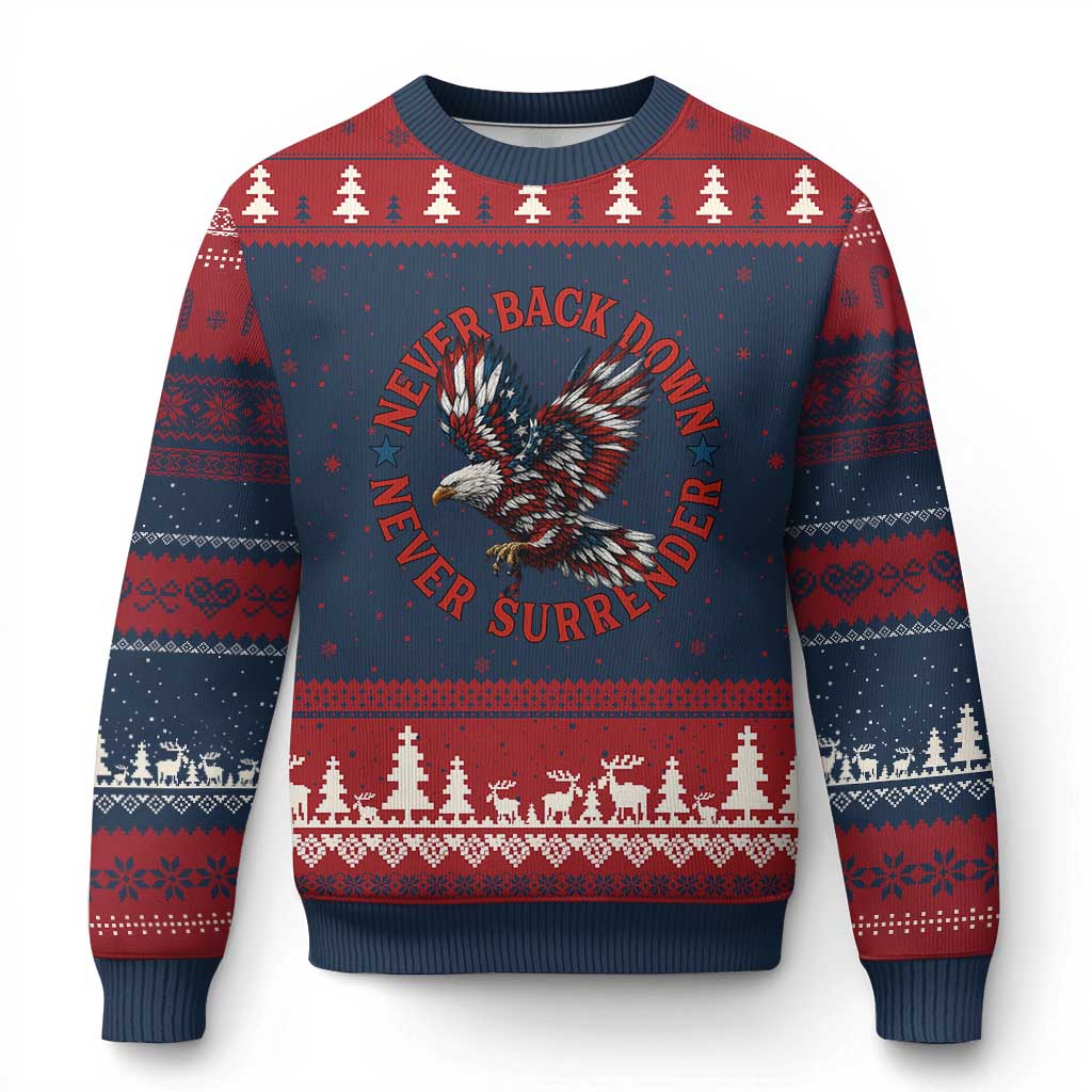 Patriotic American Eagle Graphic Ugly Christmas Sweater Never Back Down Never Surrender Memorial for Freedom Fighters - Wonder Print Shop