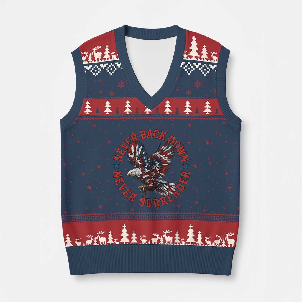 Patriotic American Eagle Graphic V-Neck Knit Sweater Vest Never Back Down Never Surrender Memorial for Freedom Fighters - Wonder Print Shop