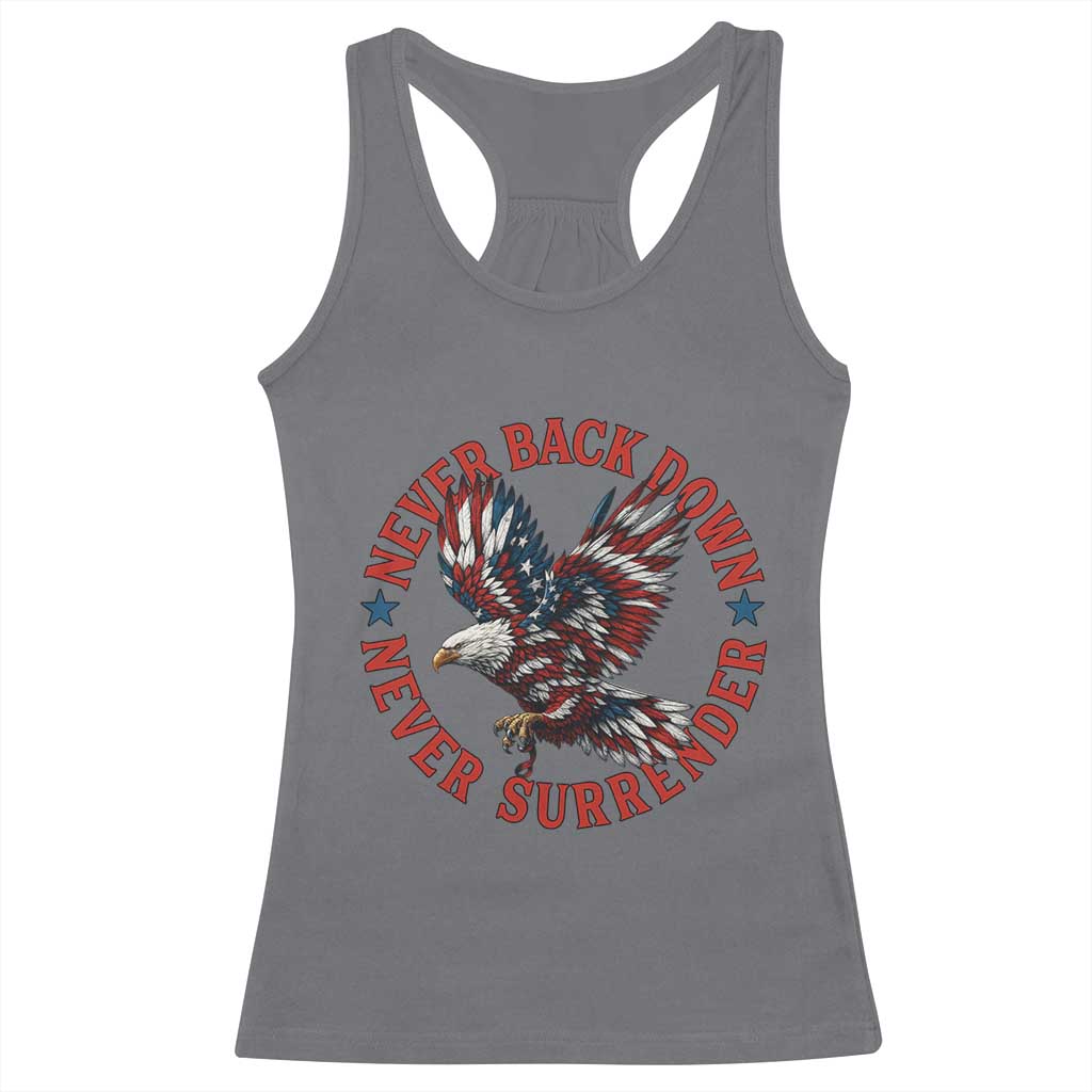 Patriotic American Eagle Graphic Racerback Tank Top Never Back Down Never Surrender Memorial for Freedom Fighters - Wonder Print Shop
