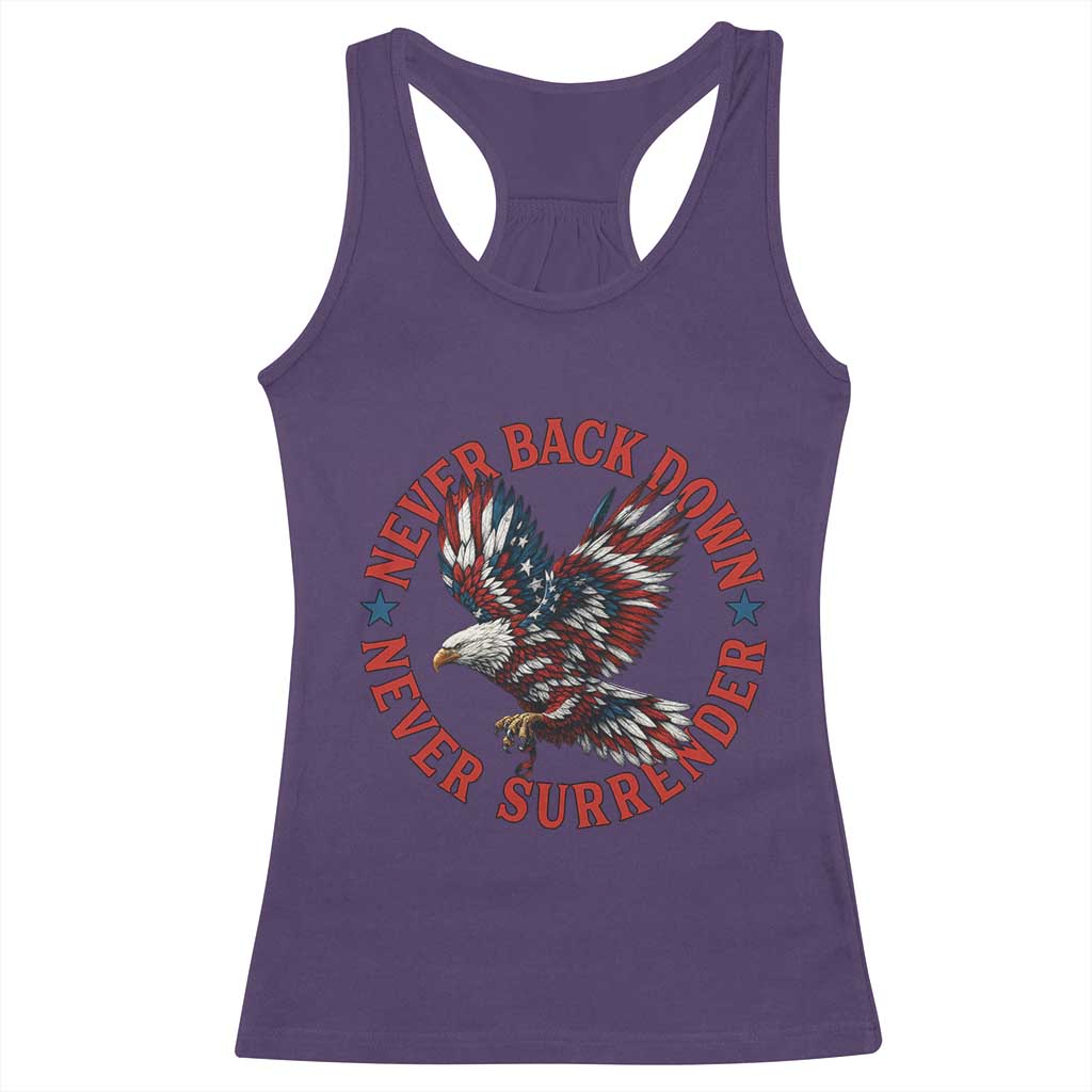 Patriotic American Eagle Graphic Racerback Tank Top Never Back Down Never Surrender Memorial for Freedom Fighters - Wonder Print Shop