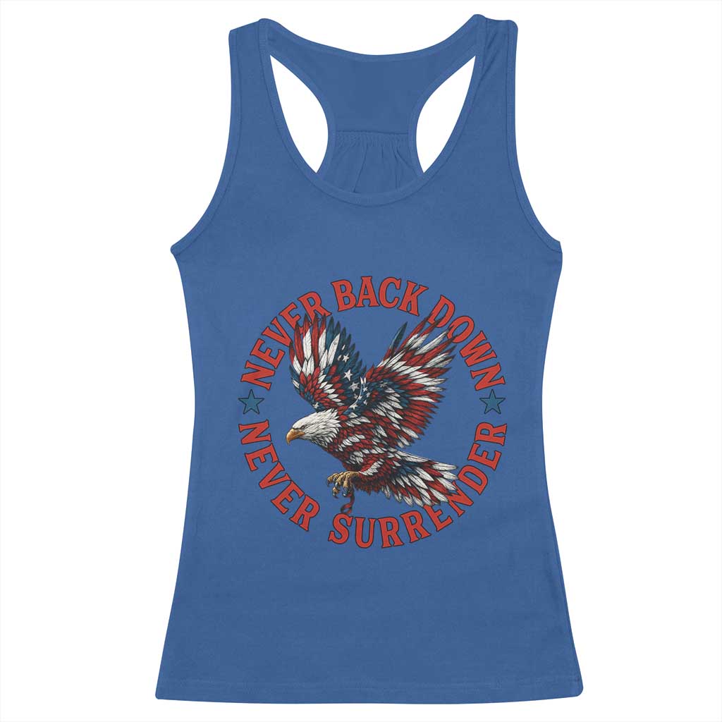 Patriotic American Eagle Graphic Racerback Tank Top Never Back Down Never Surrender Memorial for Freedom Fighters - Wonder Print Shop