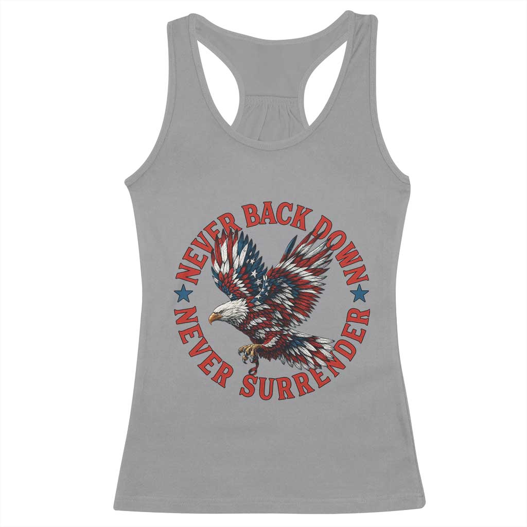 Patriotic American Eagle Graphic Racerback Tank Top Never Back Down Never Surrender Memorial for Freedom Fighters - Wonder Print Shop