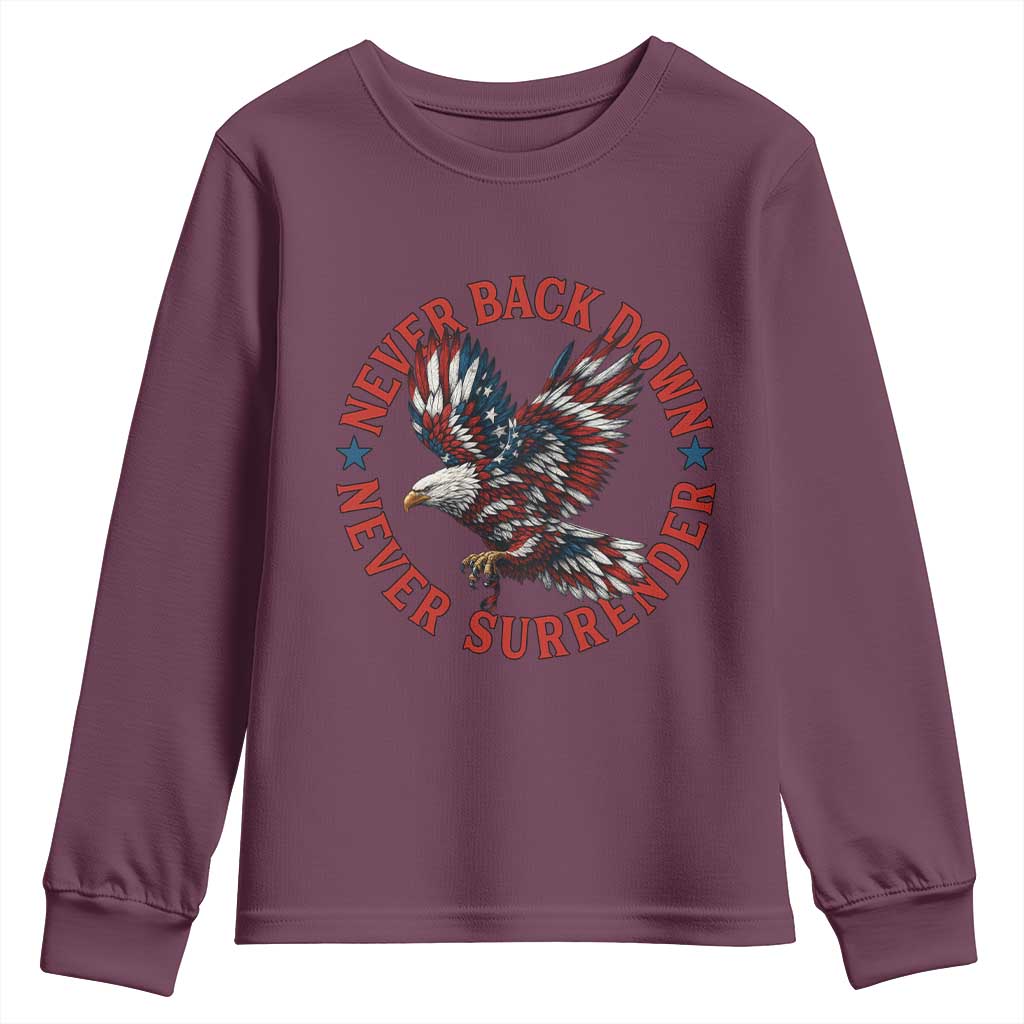 Patriotic American Eagle Graphic Youth Sweatshirt Never Back Down Never Surrender Memorial for Freedom Fighters - Wonder Print Shop