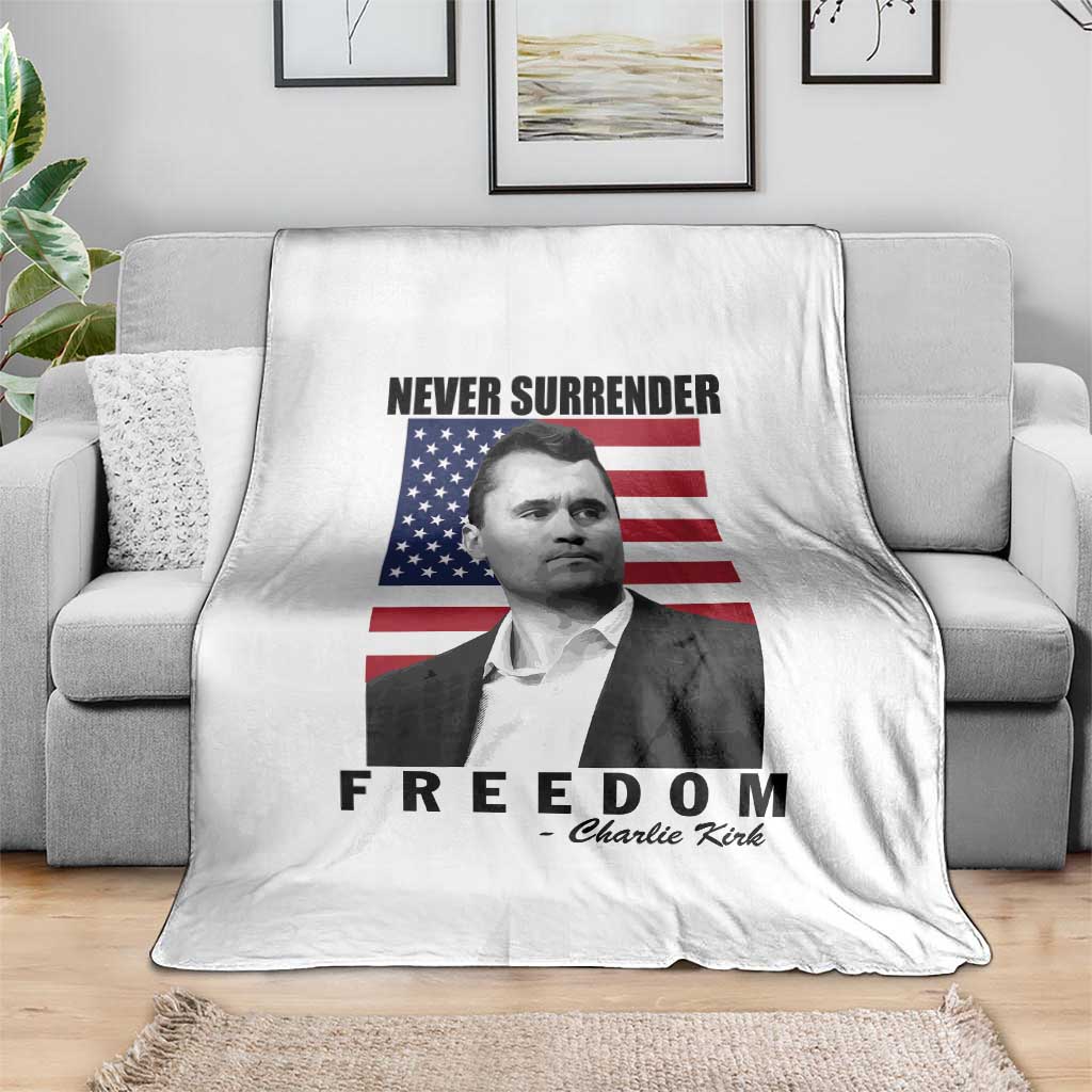 Never Surrender Freedom Throw Blanket Patriotic Charlie Kirk Tribute American Flag - Wonder Print Shop