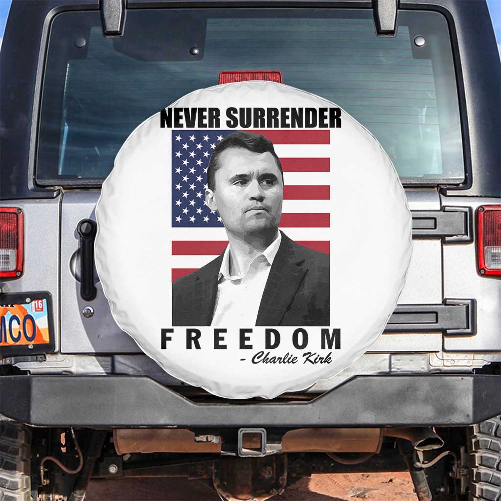 Never Surrender Freedom Spare Tire Cover Patriotic Charlie Kirk Tribute American Flag - Wonder Print Shop