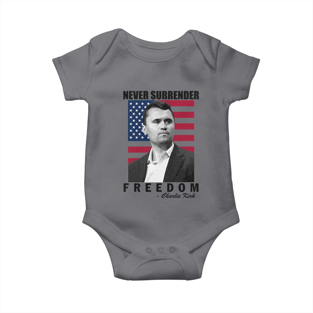 Never Surrender Freedom Baby Onesie Patriotic Charlie Kirk Tribute American Flag - Wonder Print Shop