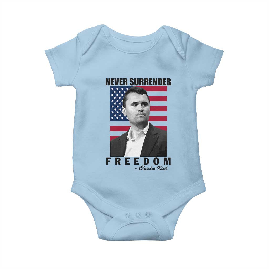 Never Surrender Freedom Baby Onesie Patriotic Charlie Kirk Tribute American Flag - Wonder Print Shop