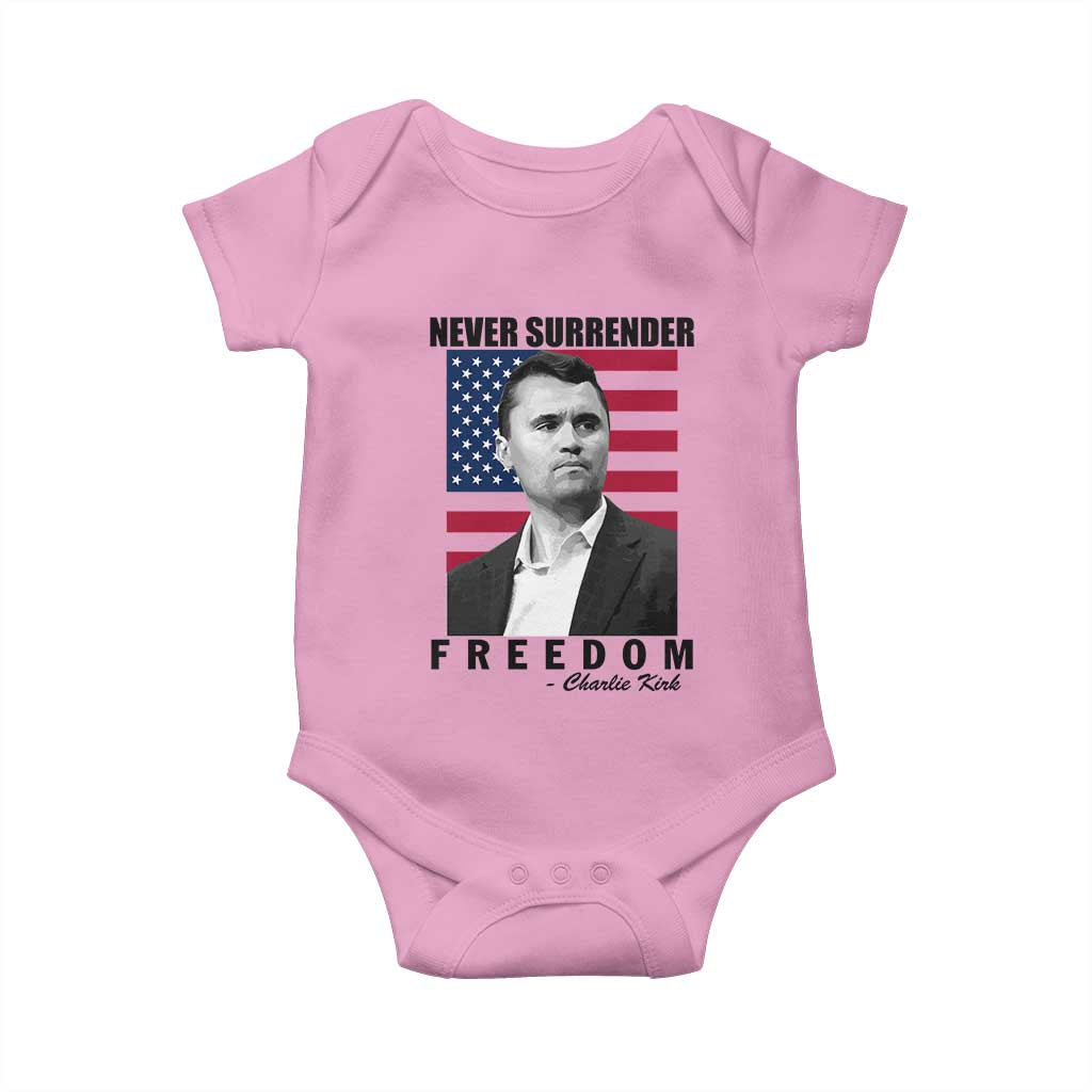 Never Surrender Freedom Baby Onesie Patriotic Charlie Kirk Tribute American Flag - Wonder Print Shop
