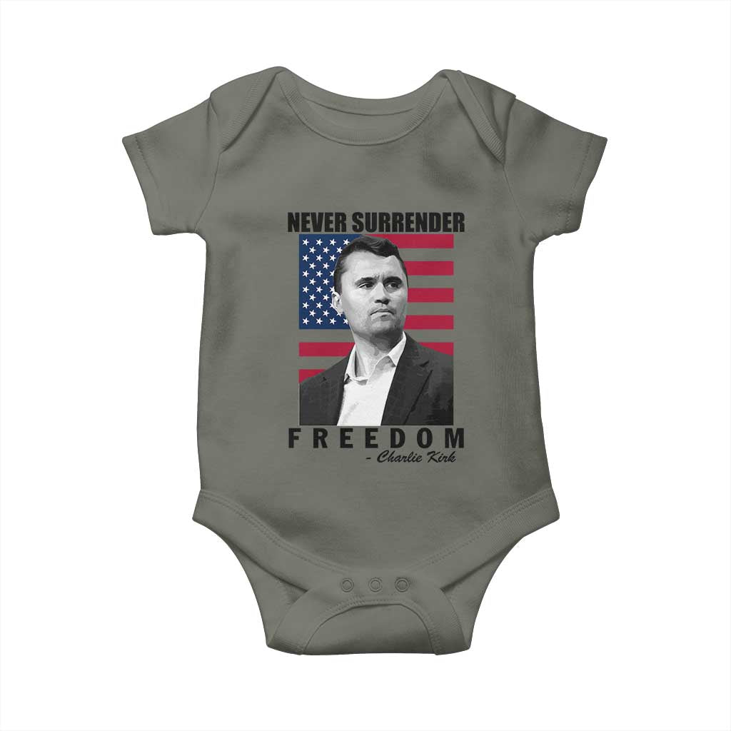 Never Surrender Freedom Baby Onesie Patriotic Charlie Kirk Tribute American Flag - Wonder Print Shop