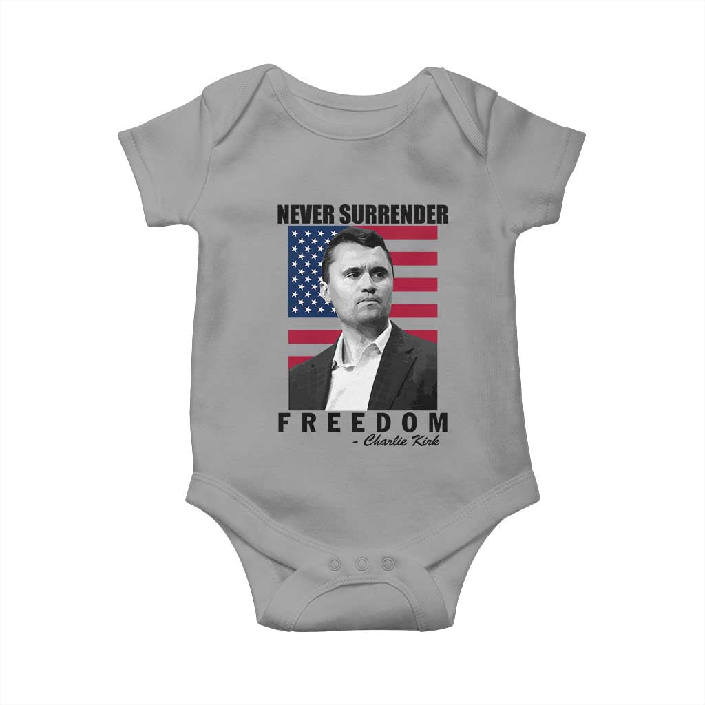 Never Surrender Freedom Baby Onesie Patriotic Charlie Kirk Tribute American Flag - Wonder Print Shop