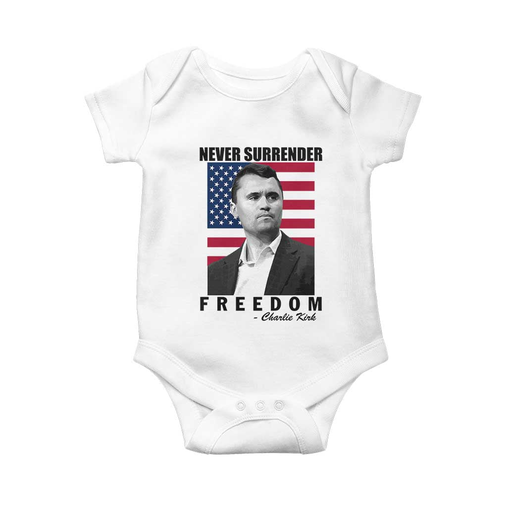 Never Surrender Freedom Baby Onesie Patriotic Charlie Kirk Tribute American Flag - Wonder Print Shop
