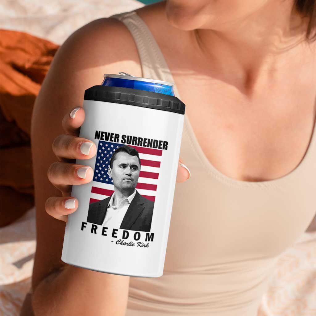 Never Surrender Freedom 4 in 1 Can Cooler Tumbler Patriotic Charlie Kirk Tribute American Flag - Wonder Print Shop
