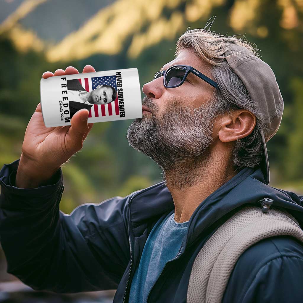 Never Surrender Freedom 4 in 1 Can Cooler Tumbler Patriotic Charlie Kirk Tribute American Flag - Wonder Print Shop