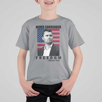 Never Surrender Freedom T Shirt For Kid Patriotic Charlie Kirk Tribute American Flag - Wonder Print Shop