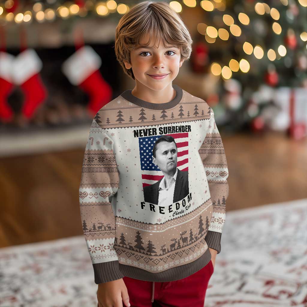 Never Surrender Freedom Ugly Christmas Sweater Patriotic Charlie Kirk Tribute American Flag - Wonder Print Shop