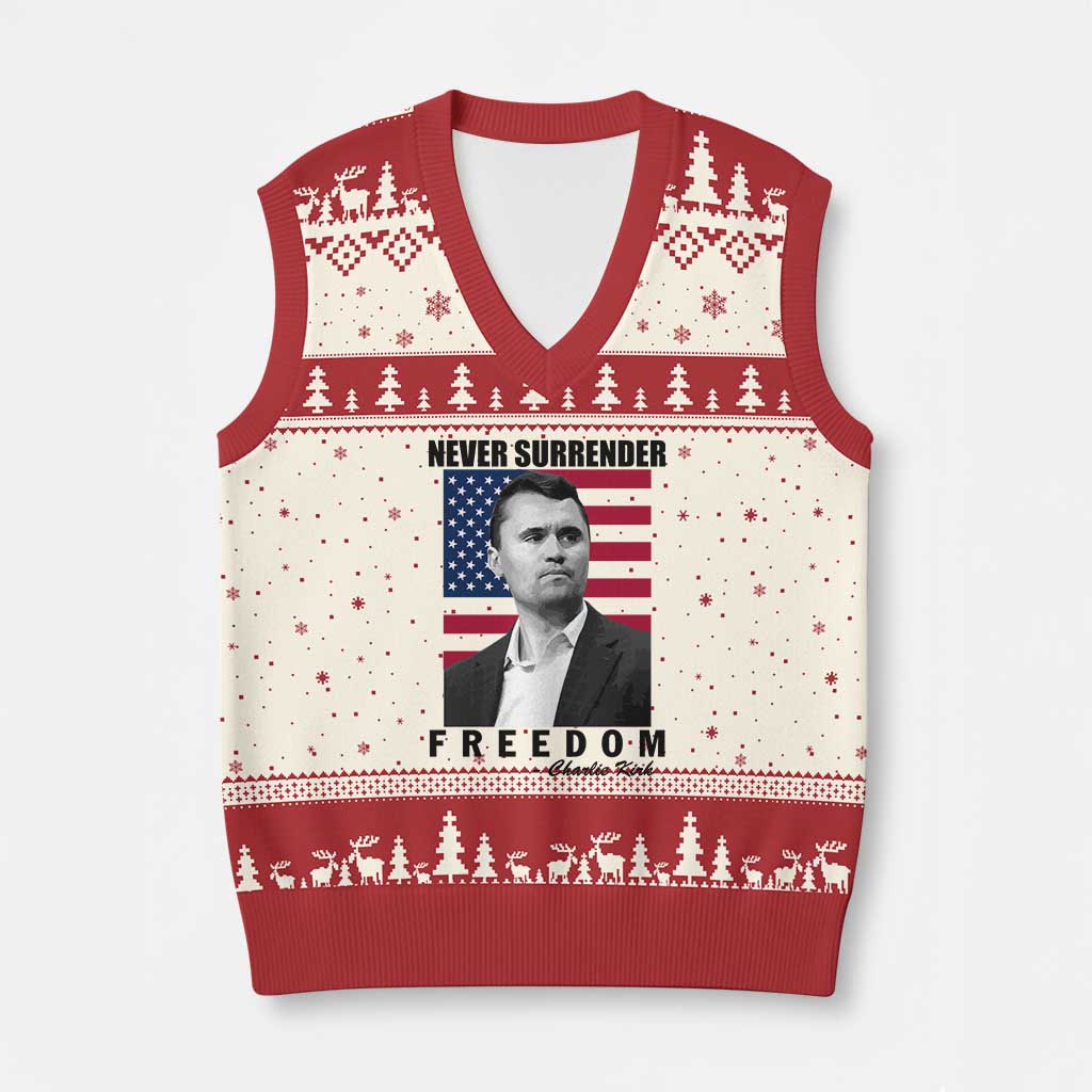 Never Surrender Freedom V-Neck Knit Sweater Vest Patriotic Charlie Kirk Tribute American Flag - Wonder Print Shop