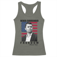 Never Surrender Freedom Racerback Tank Top Patriotic Charlie Kirk Tribute American Flag - Wonder Print Shop
