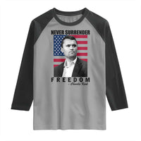 Never Surrender Freedom Raglan Shirt Patriotic Charlie Kirk Tribute American Flag - Wonder Print Shop