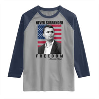 Never Surrender Freedom Raglan Shirt Patriotic Charlie Kirk Tribute American Flag - Wonder Print Shop