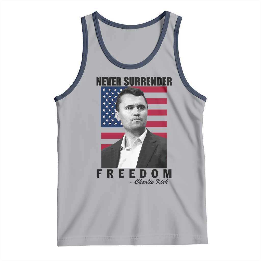 Never Surrender Freedom Tank Top Patriotic Charlie Kirk Tribute American Flag - Wonder Print Shop