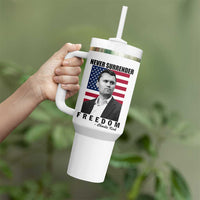 Never Surrender Freedom Tumbler With Handle Patriotic Charlie Kirk Tribute American Flag - Wonder Print Shop