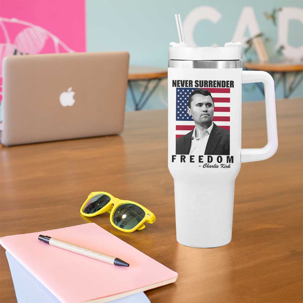 Never Surrender Freedom Tumbler With Handle Patriotic Charlie Kirk Tribute American Flag - Wonder Print Shop