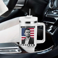 Never Surrender Freedom Tumbler With Handle Patriotic Charlie Kirk Tribute American Flag - Wonder Print Shop