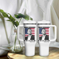 Never Surrender Freedom Tumbler With Handle Patriotic Charlie Kirk Tribute American Flag - Wonder Print Shop