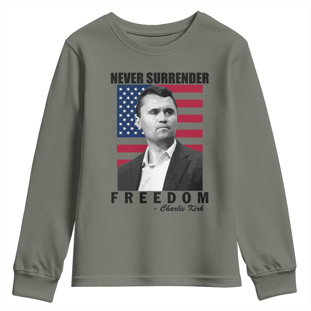 Never Surrender Freedom Youth Sweatshirt Patriotic Charlie Kirk Tribute American Flag - Wonder Print Shop