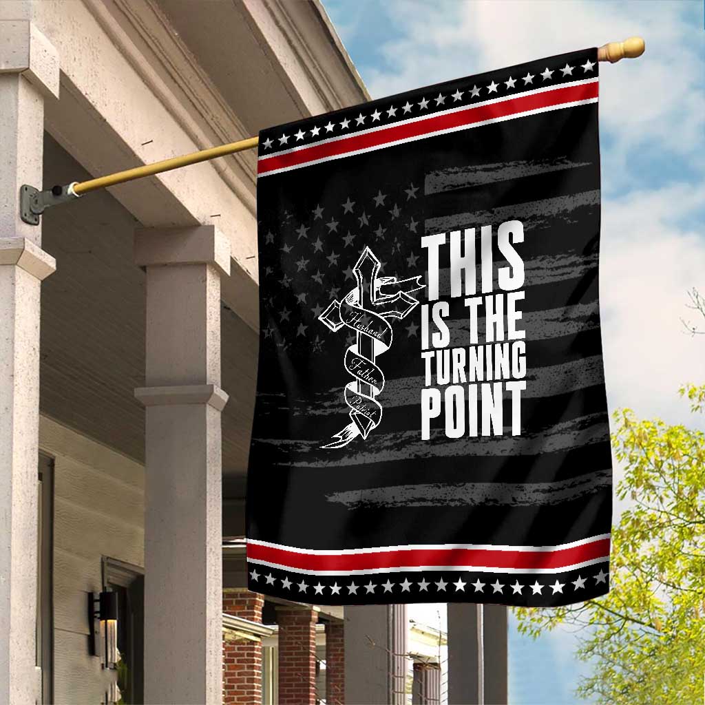 This is the Turning Point Garden Flag Husband Father Patriot Charlie Kirk Tribute Christian Faith