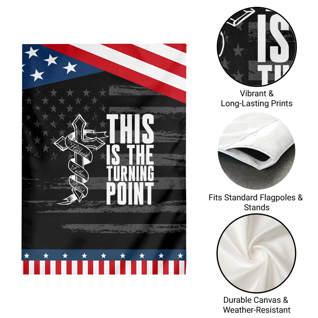 This is the Turning Point Garden Flag Husband Father Patriot Charlie Kirk Tribute Christian Faith