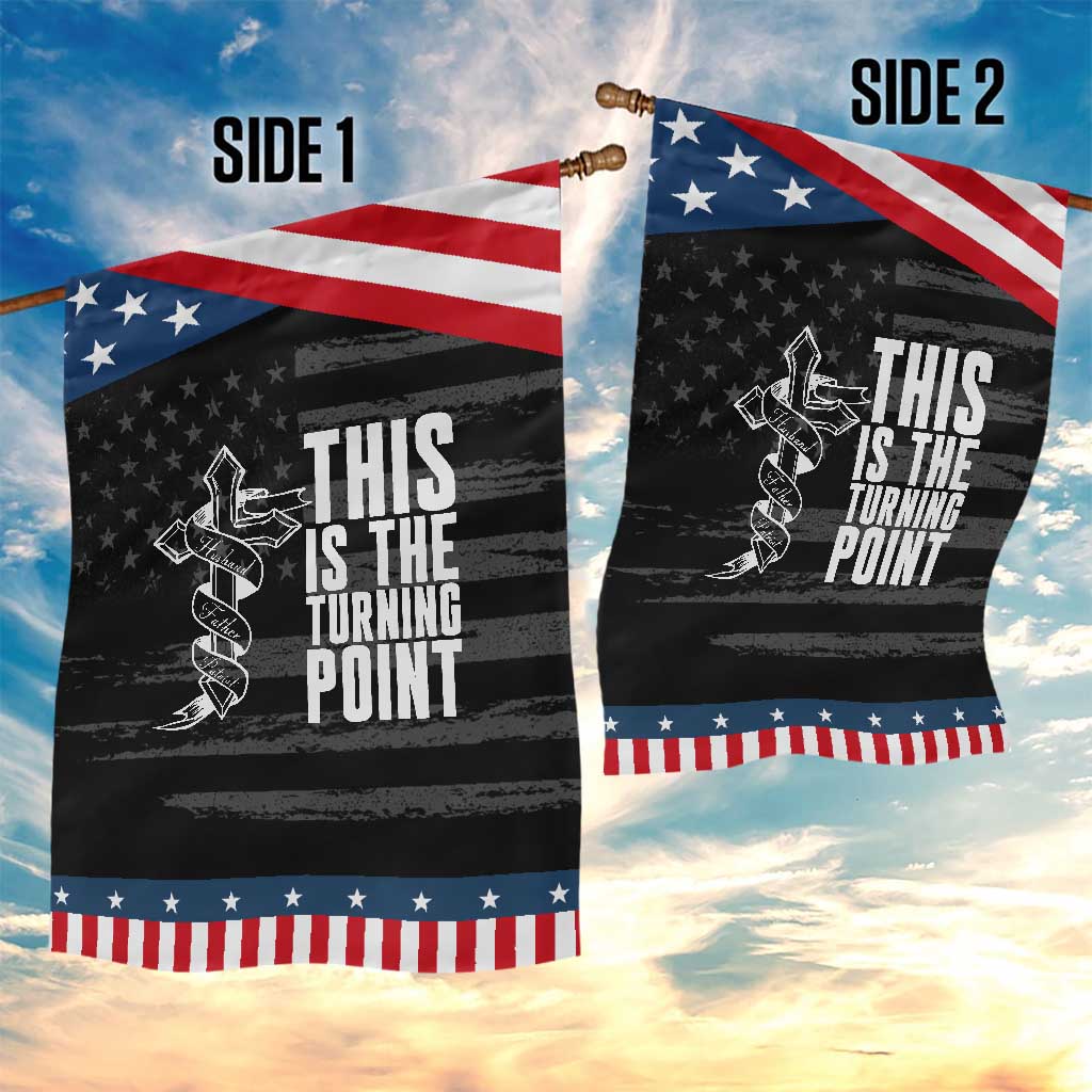 This is the Turning Point Garden Flag Husband Father Patriot Charlie Kirk Tribute Christian Faith