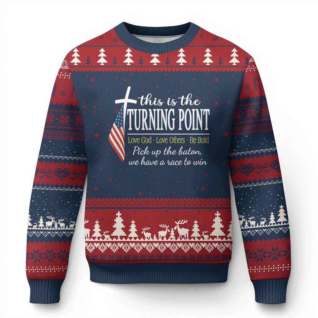 Faith Fueled Turning Point Ugly Christmas Sweater Christian Patriot Cross and American Flag - Wonder Print Shop