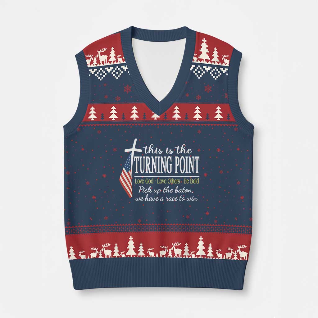 Faith Fueled Turning Point V-Neck Knit Sweater Vest Christian Patriot Cross and American Flag - Wonder Print Shop